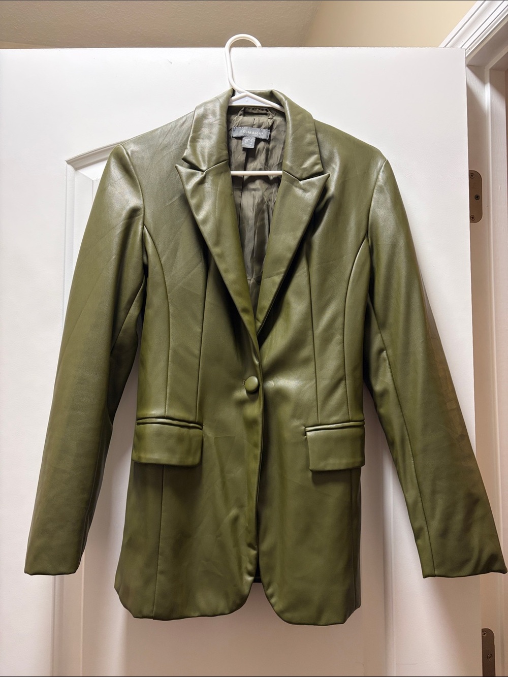 Olive Green Faux Leather Single-Button Blazer Jacket